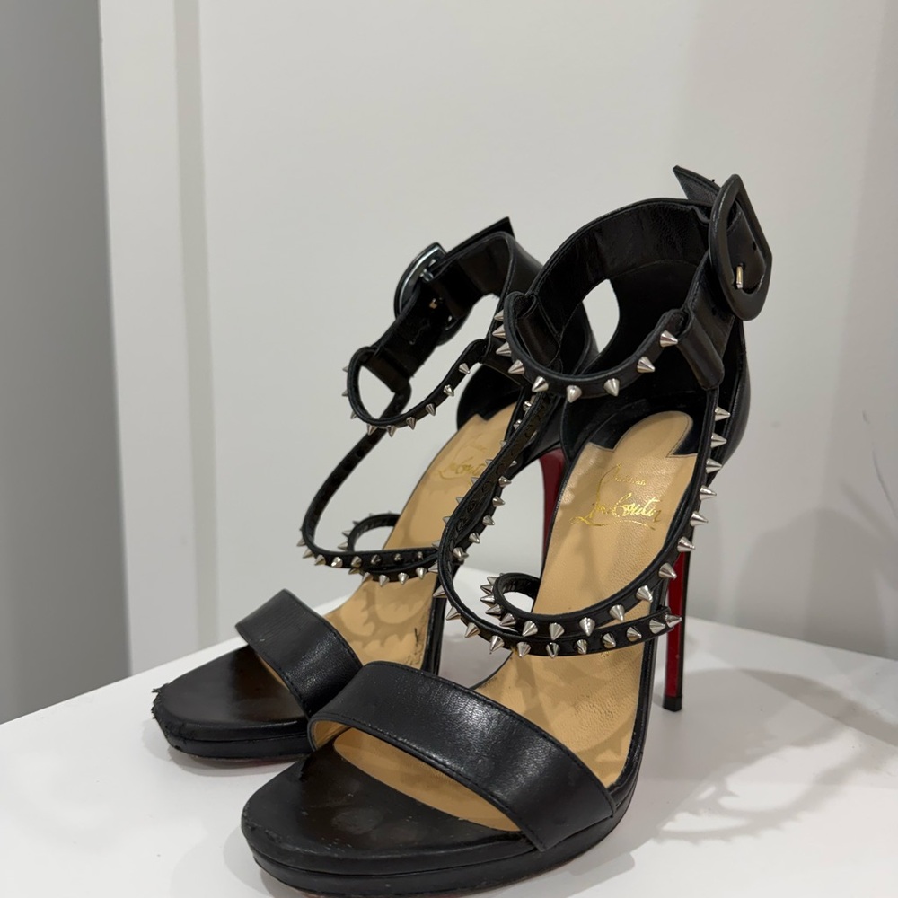 Louboutin Choca Lux 120MM Leather Black Studded High Heel Sandals - Picture 5 of 8